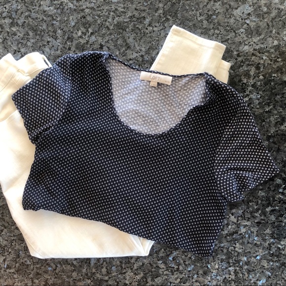 LOFT Navy & White Mixed Media Geo Dot Printed Top - Picture 2 of 6